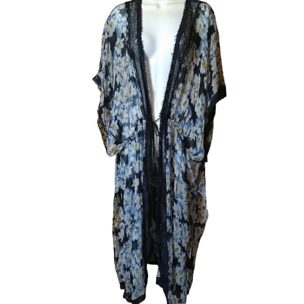 Zara Woman Short Sleeve Sheer Floral Women's Medium Tie Front Cover Up